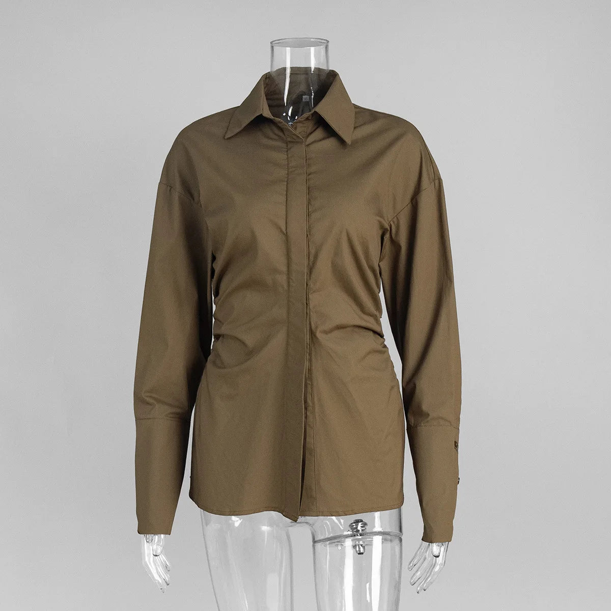 Women’s Solid Spliced Slimming Lapel Long Sleeve Tunic Temperament Blouse