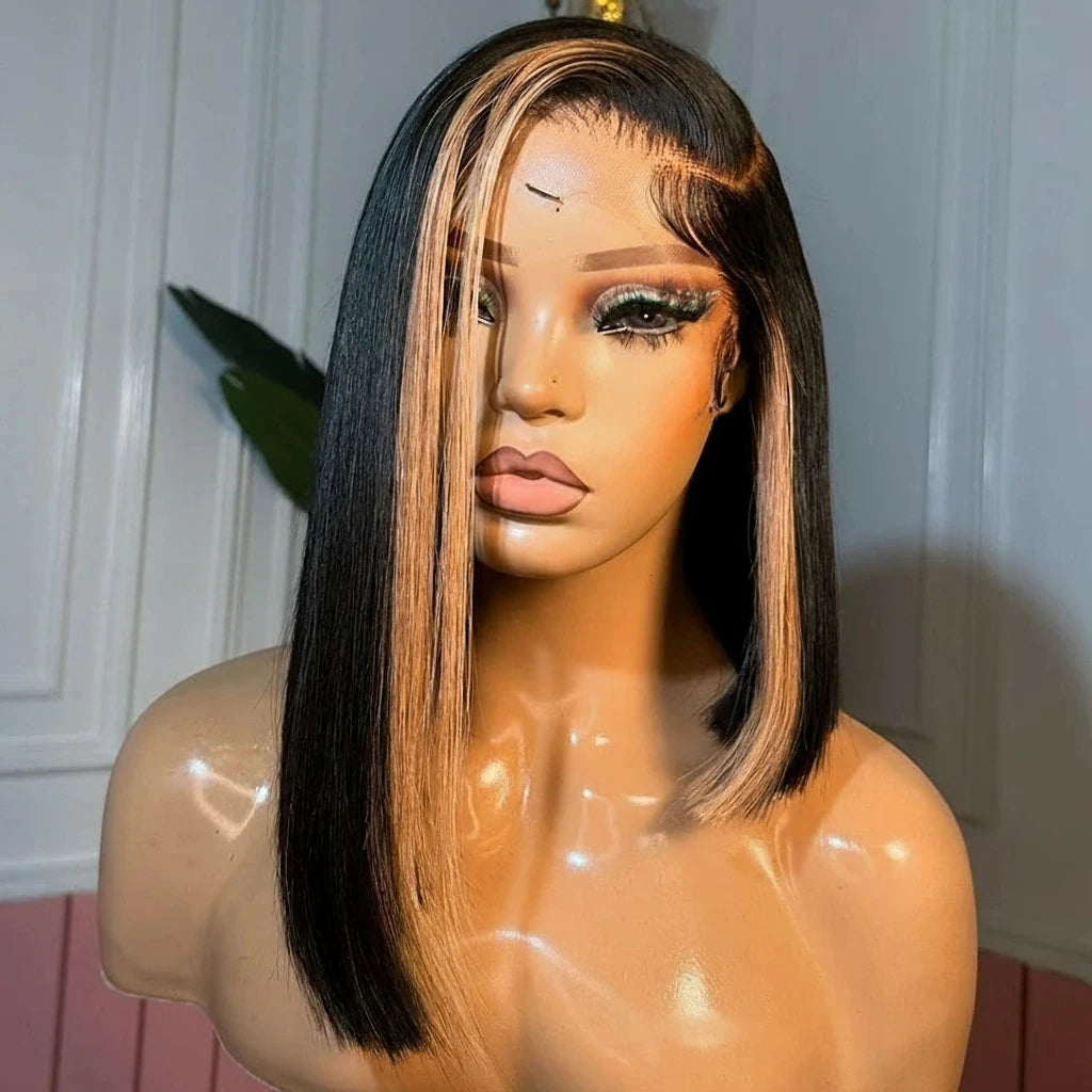 12A Short Bob Highlight Two Rolls Of Blonde Straight 180 Density 13x4 Bob Lace Frontal Human Hair Wig Wig