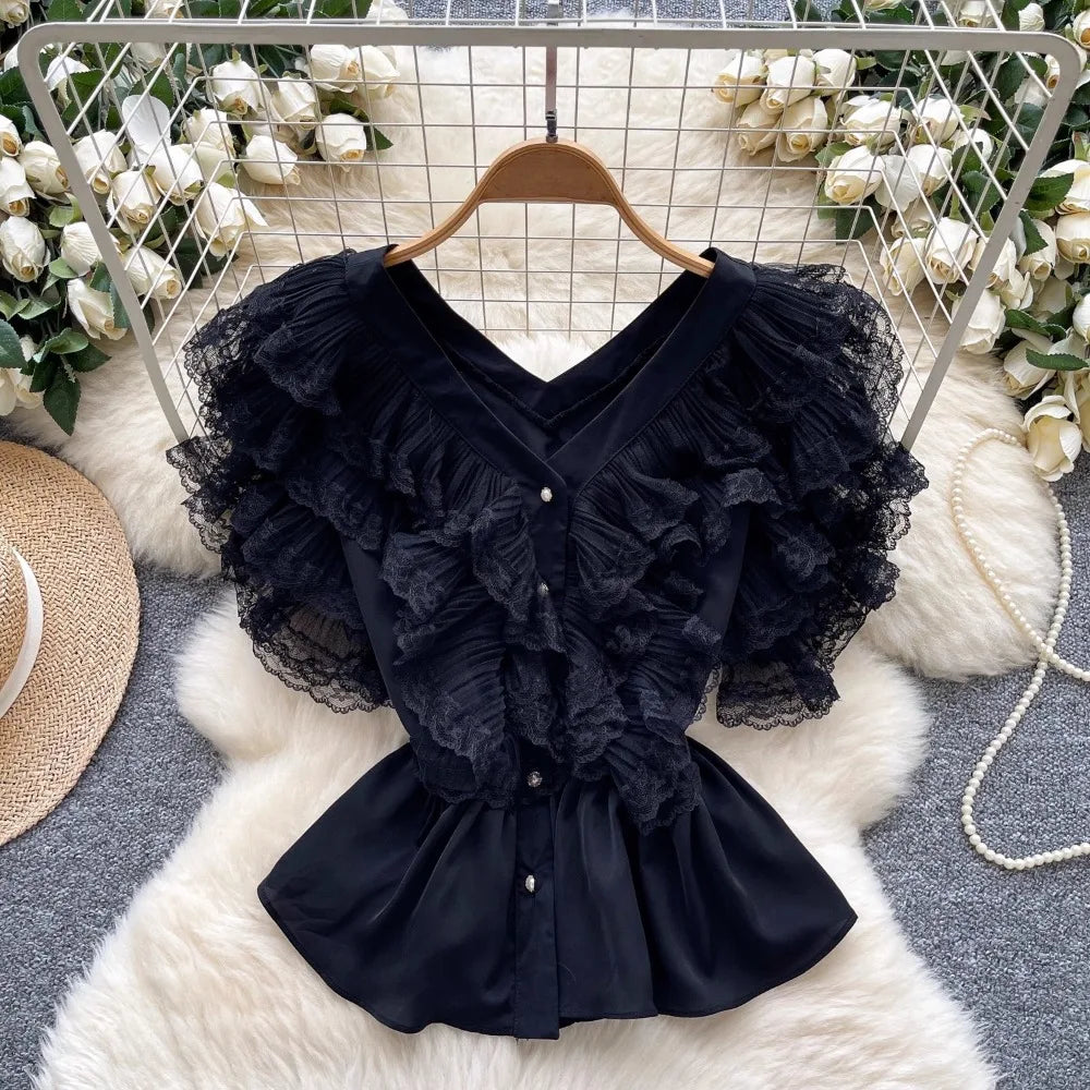 V Neck All-match Ruffles Mesh Blouse
