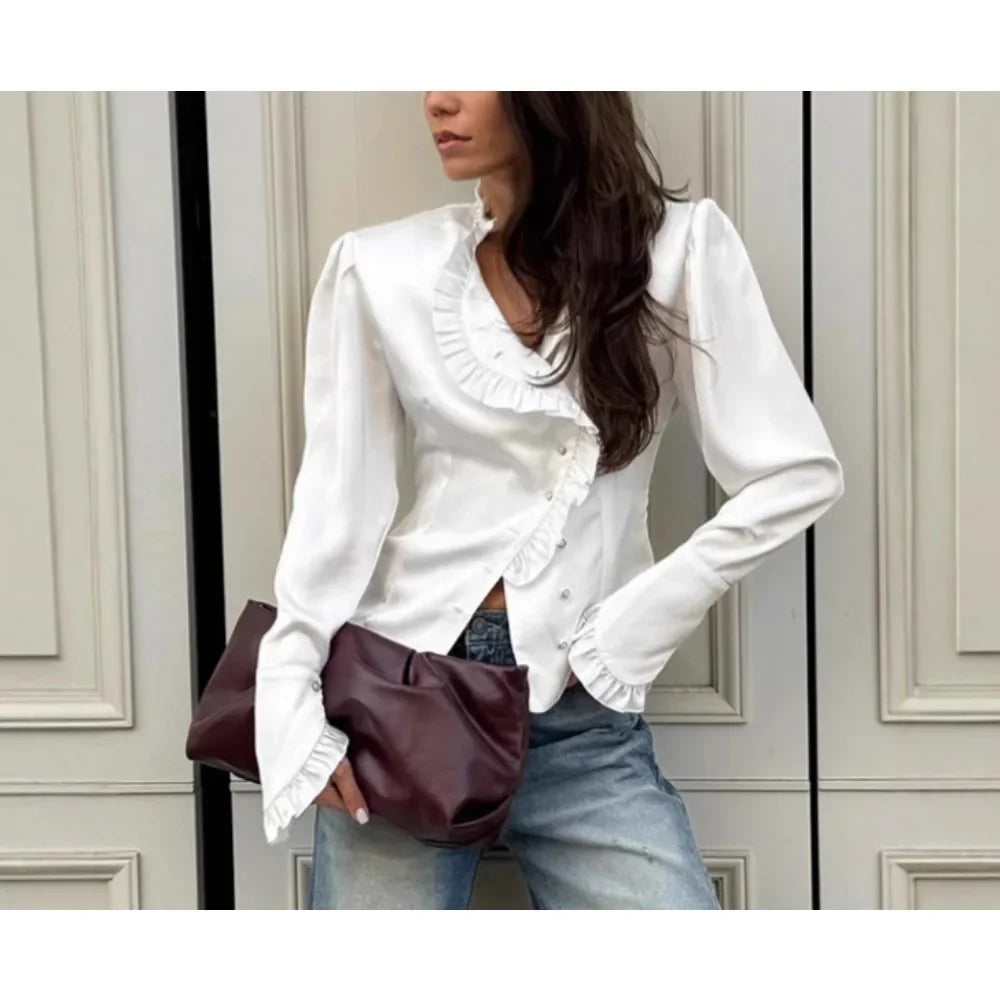 Solid Spliced Button Blouses for Women Lapel Long Sleeve Tunic