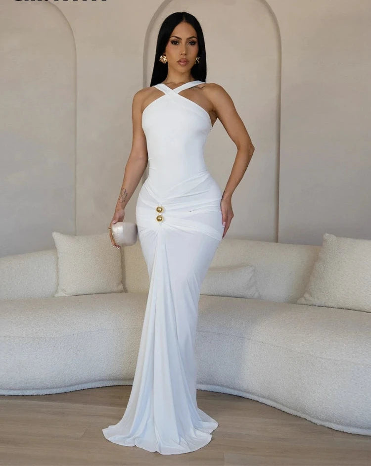 Women’s Sleeveless Cross V-neck Ruched Stacked Maxi Bodycon Dress