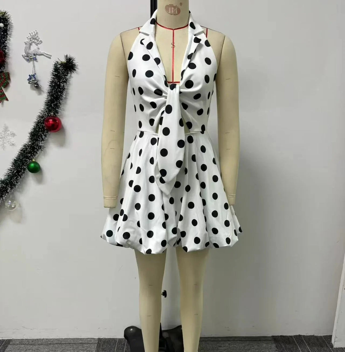Women’s Polka Dot-Printed Bowknot Deep V-neck Sleeveless Dress