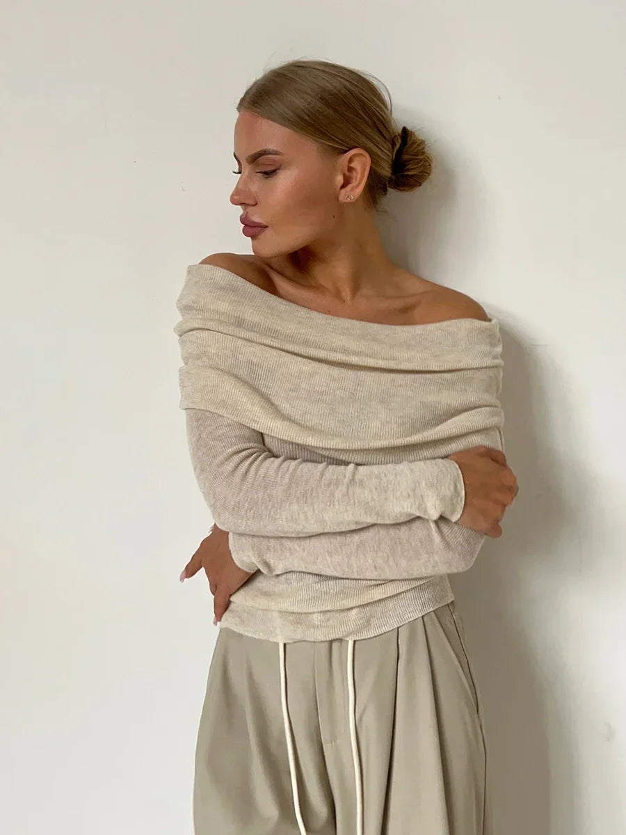 Women’s Knitted Long Sleeve Off Shoulder Basic Sweater