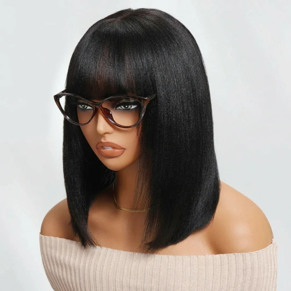 Yaki Straight Bob Wig With Bangs Real Scalp Middle Part 4x2 Lace Glueless Human Hair Ready To Wear