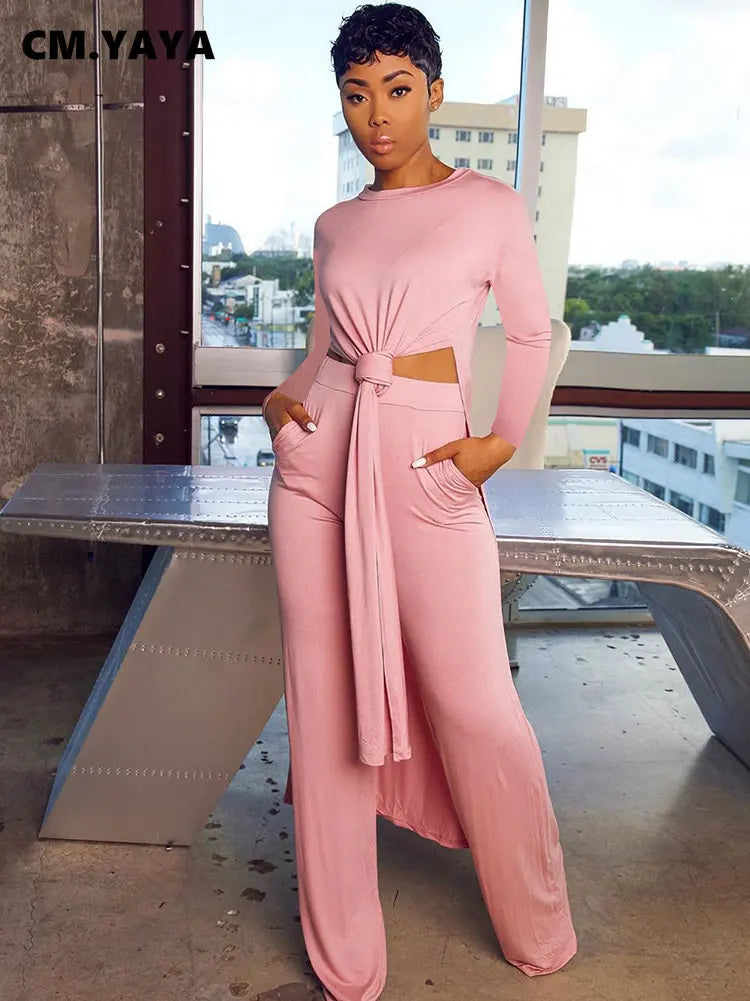 Women's Long Sleeve High Slit X-long Tee Top & Straight Pant Suit