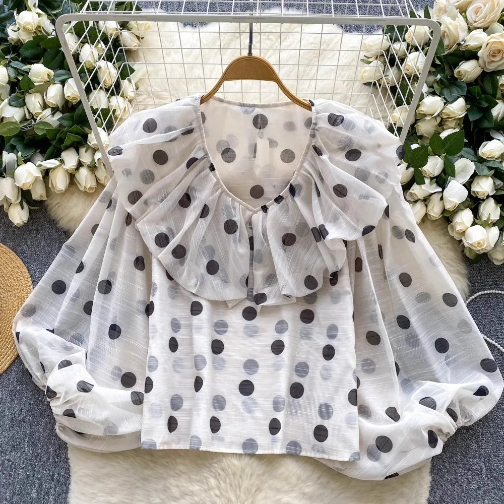 Polka Dot Puff Sleeve Simple Loose Ruffles Blouse