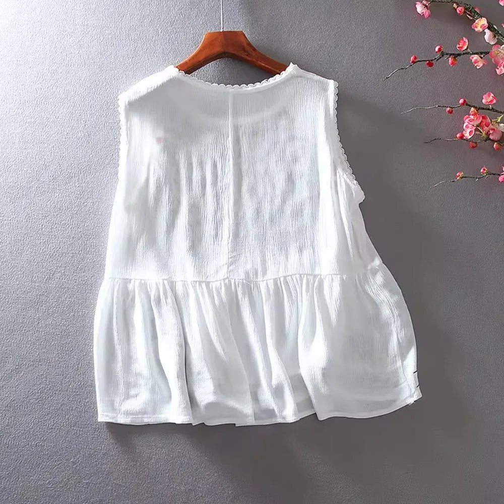 Loose Casual Ruffles Vintage Embroidery Blouse