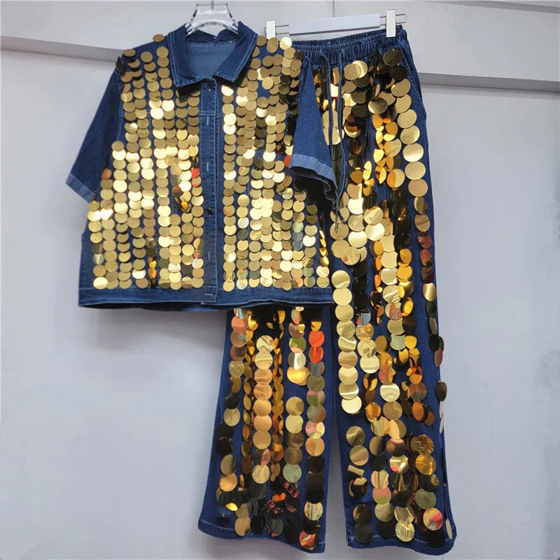 Women's Short Sleeve Denim Blouse Shining Sequins Loose Elastic Waist Straight Jeans