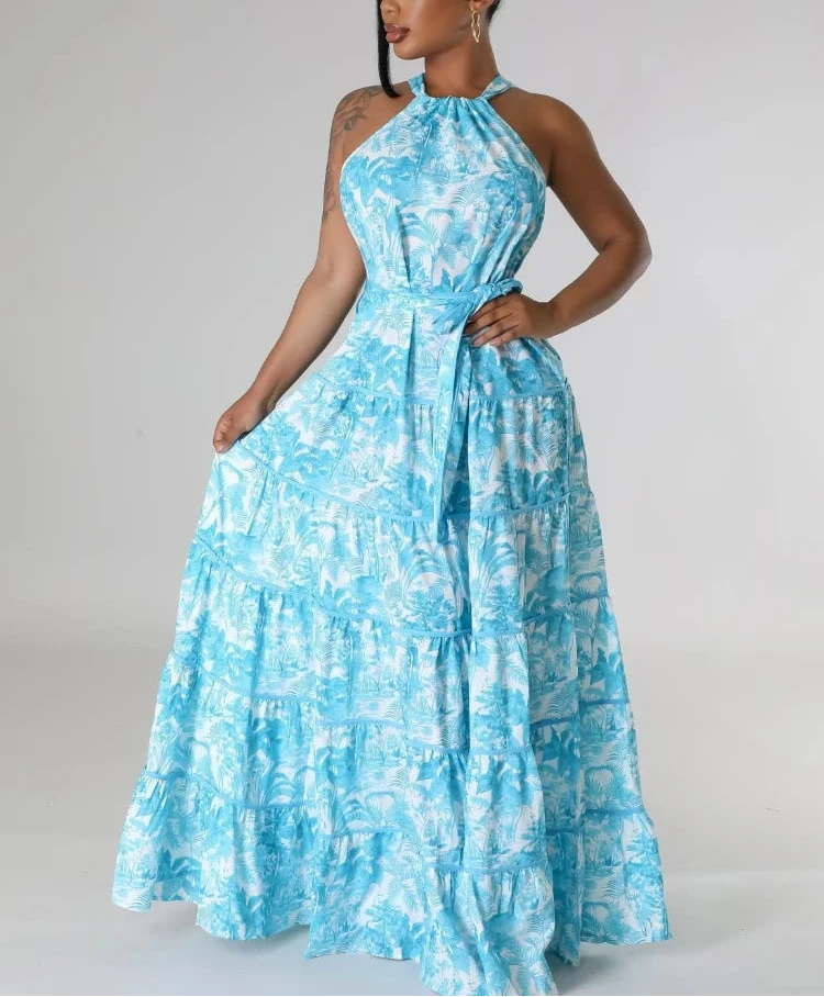 Women’s Sleeveless Printed Halter Neck Backless Maxi Dress