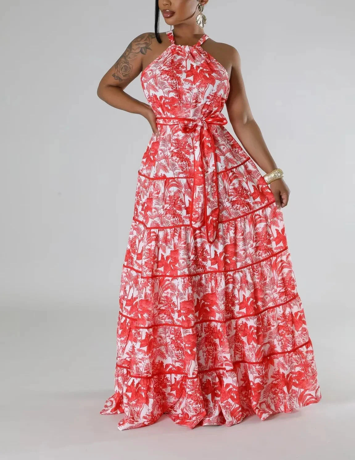 Women’s Sleeveless Printed Halter Neck Backless Maxi Dress