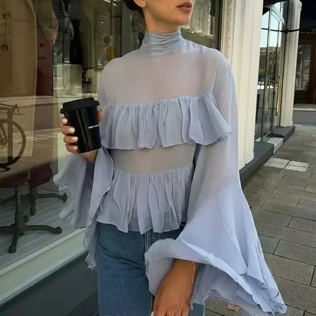 Women’s Solid Spliced Ruffles Slimming O Neck Long Sleeve Blouse