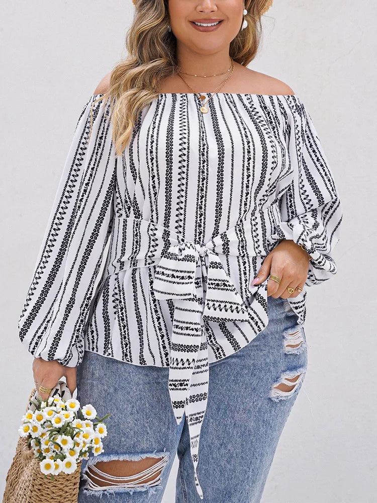 Plus Size Boho Off Shoulder Casual Long Sleeve Tie Front Ethnic Print Blouse