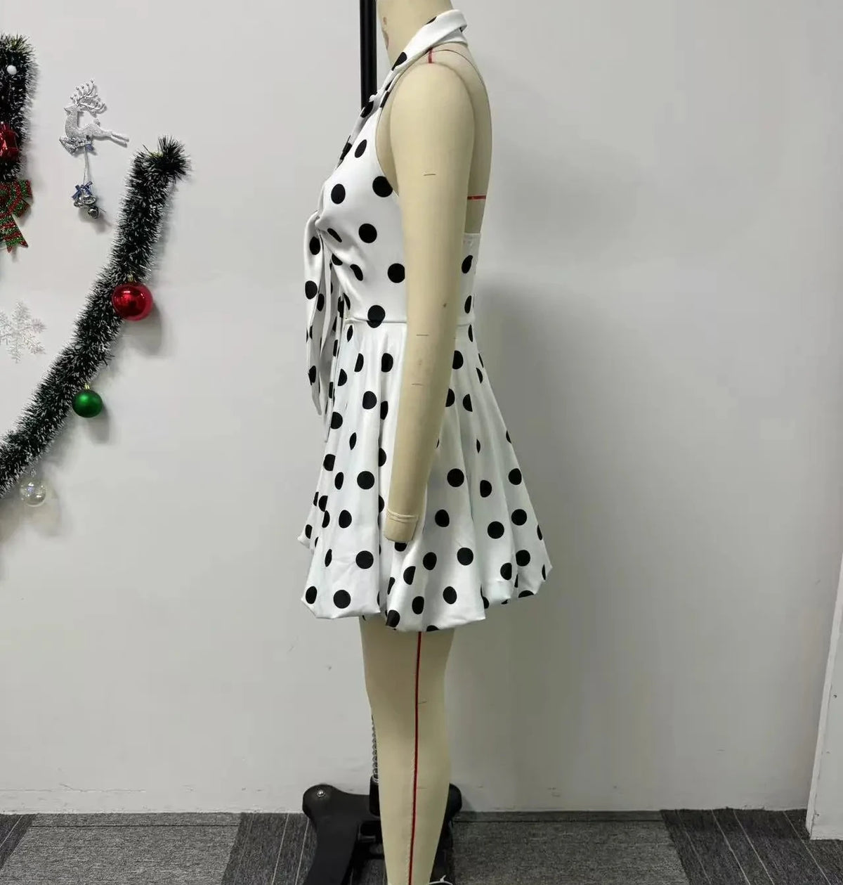 Women’s Polka Dot-Printed Bowknot Deep V-neck Sleeveless Dress
