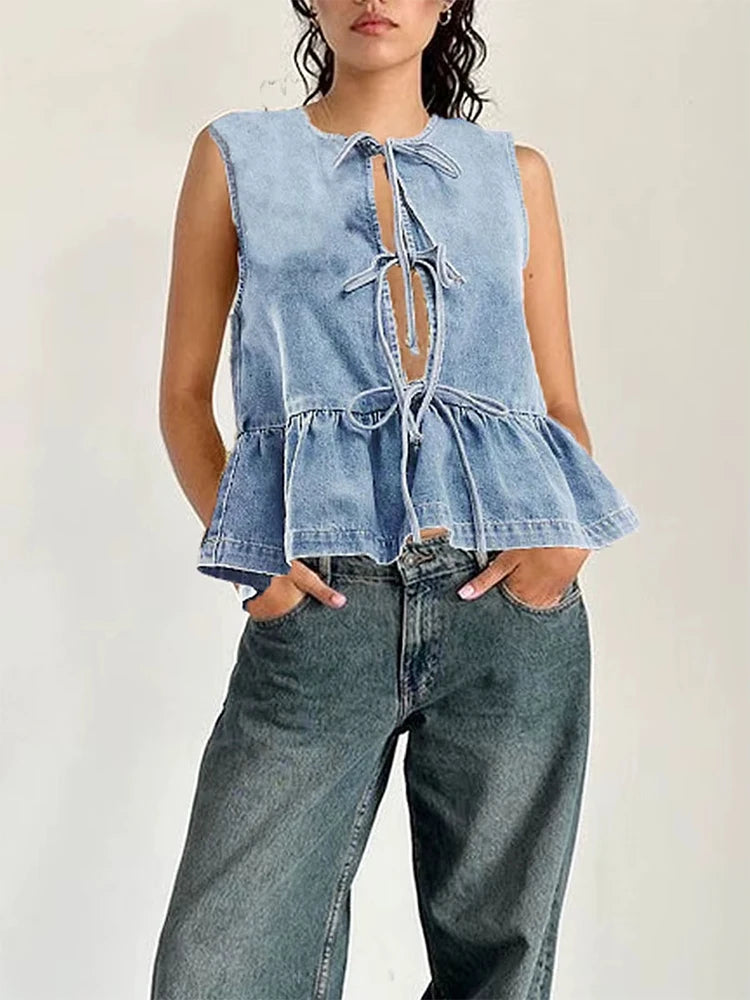Women’s Lace Up Sleeveless Round Neck Denim Ruffles Hem Solid Vest