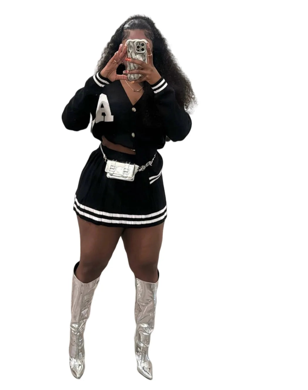 Women's Long Sleeve Knitted Letter Sweater and Pleated Skirt Set