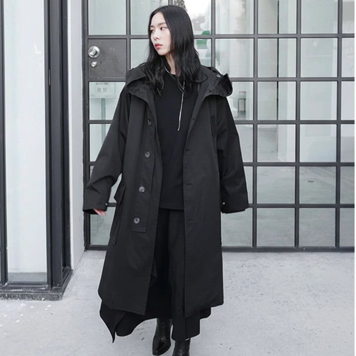 Long Oversized Black Trench Coat with Hood