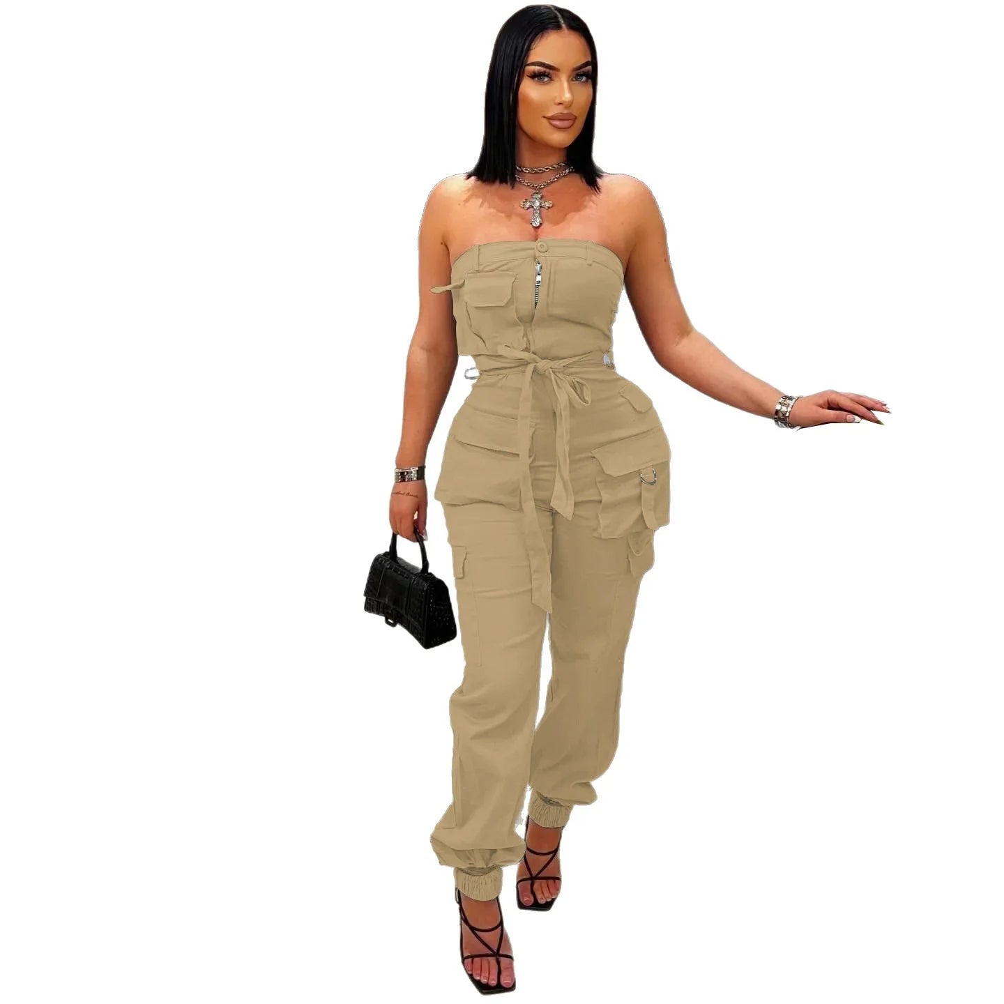 Women's Sleeveless Strapless Sashes Cargo Jumpsuit