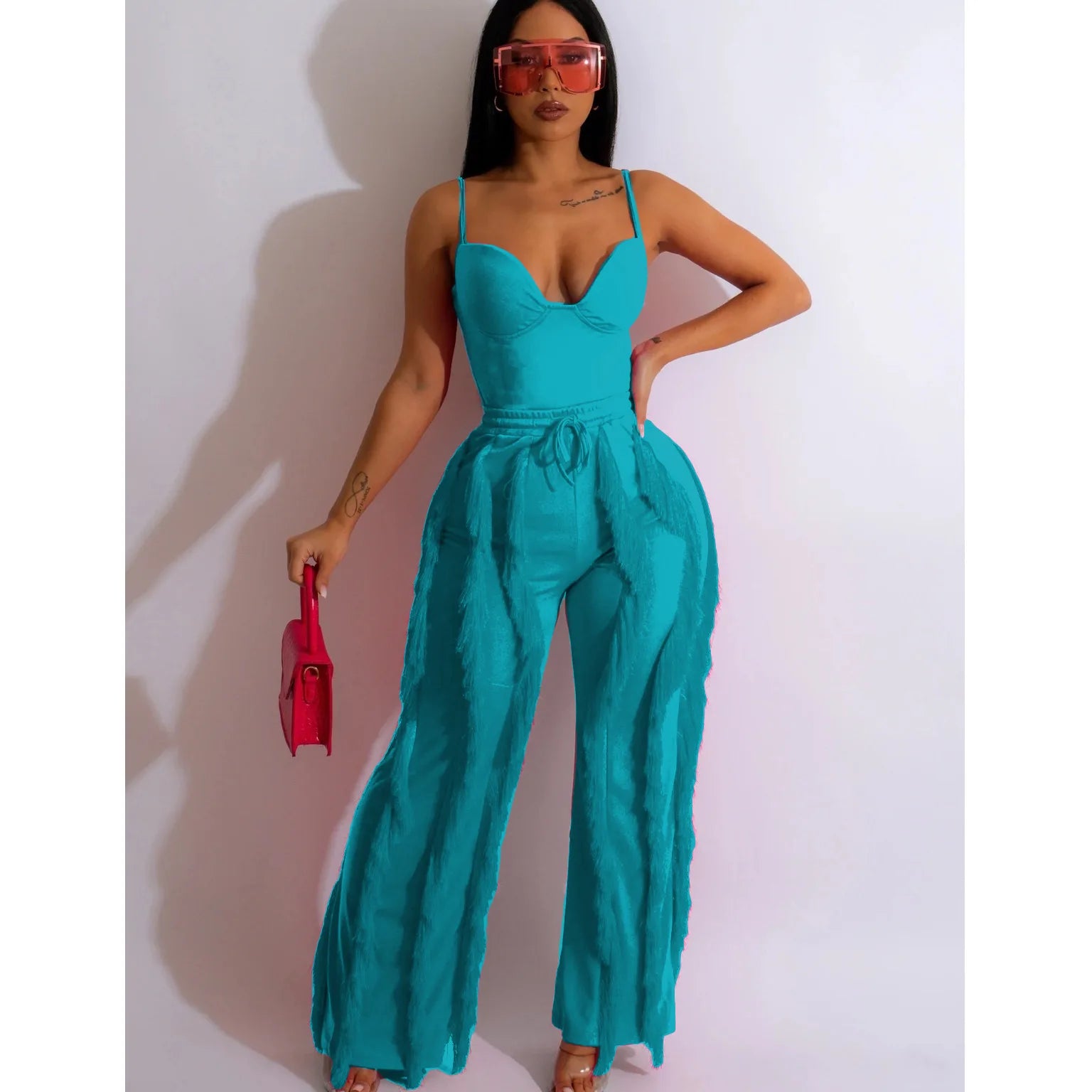 Women's Strapless Plunging V-neck Top and Tassel Straight Pants Jumpsuit