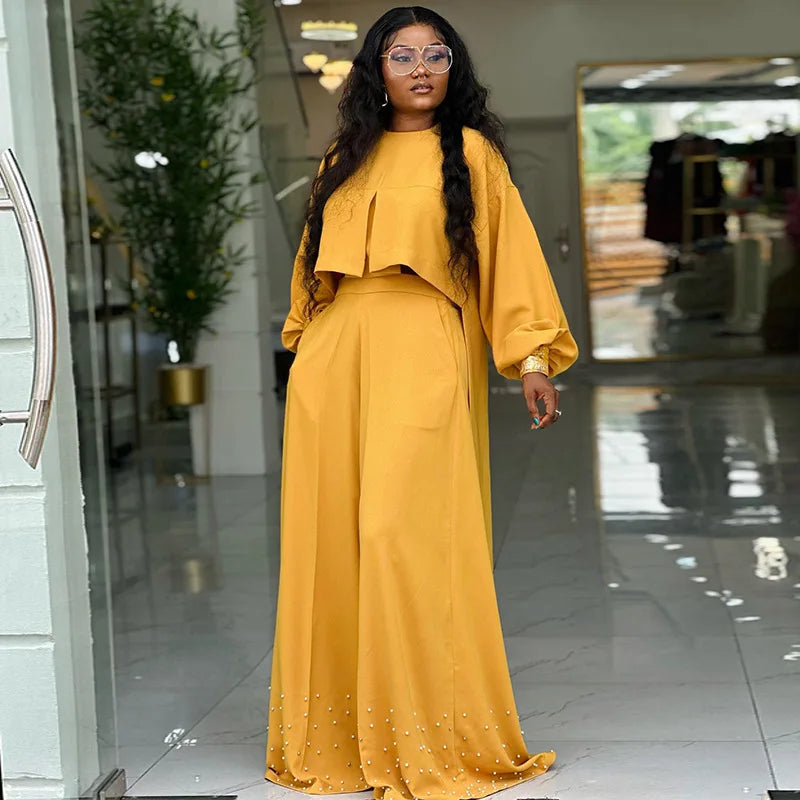 Women's Long Sleeve Maxi Blouse and Pearl Beading Wide Leg Pants