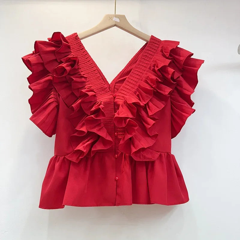 V-neck Flounce Women's Clothes Retro Flying Sleeves Pleat And Waisted Blouse Polyester
