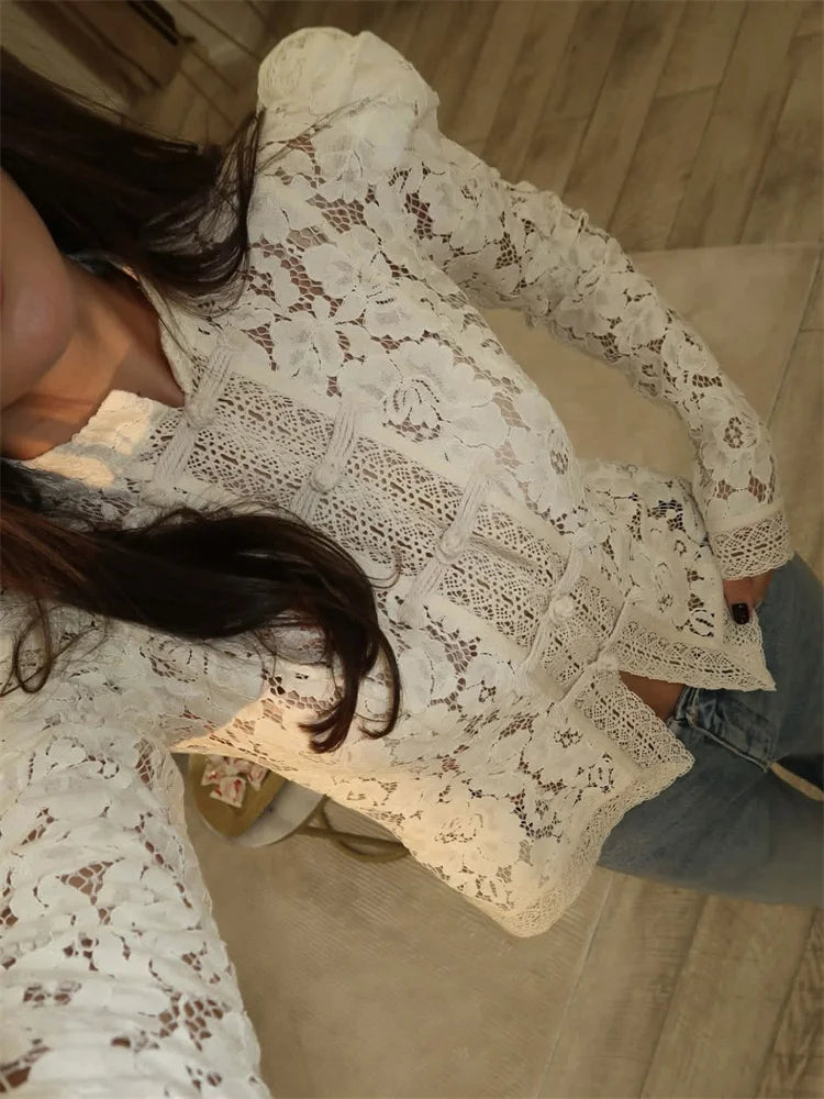 Lace Shrug Printed Hollow Out Vintage See-Through Blouse