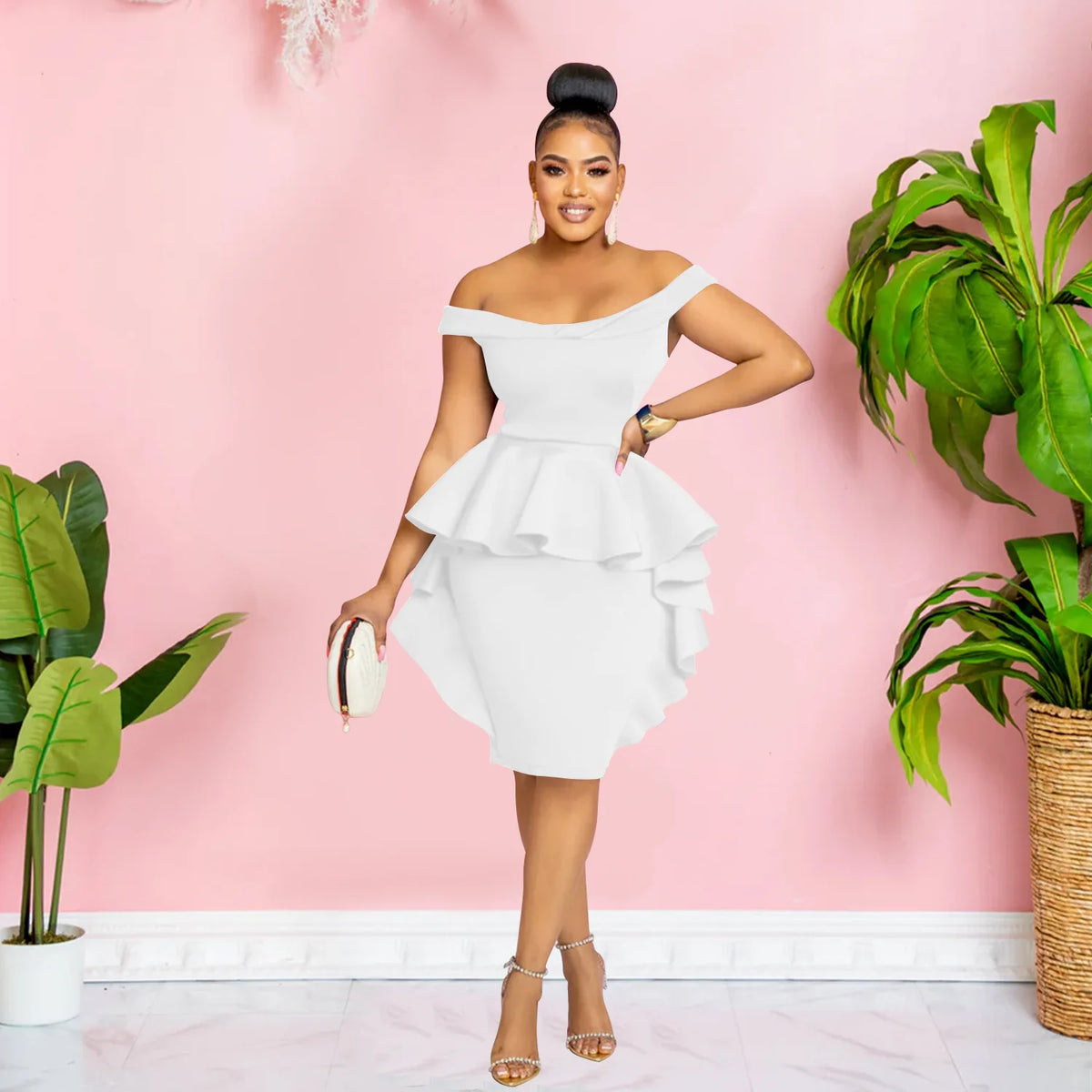 Women’s Off Shoulder Short Sleeve V-neck Bodycon Midi Dress with Side Ruffles