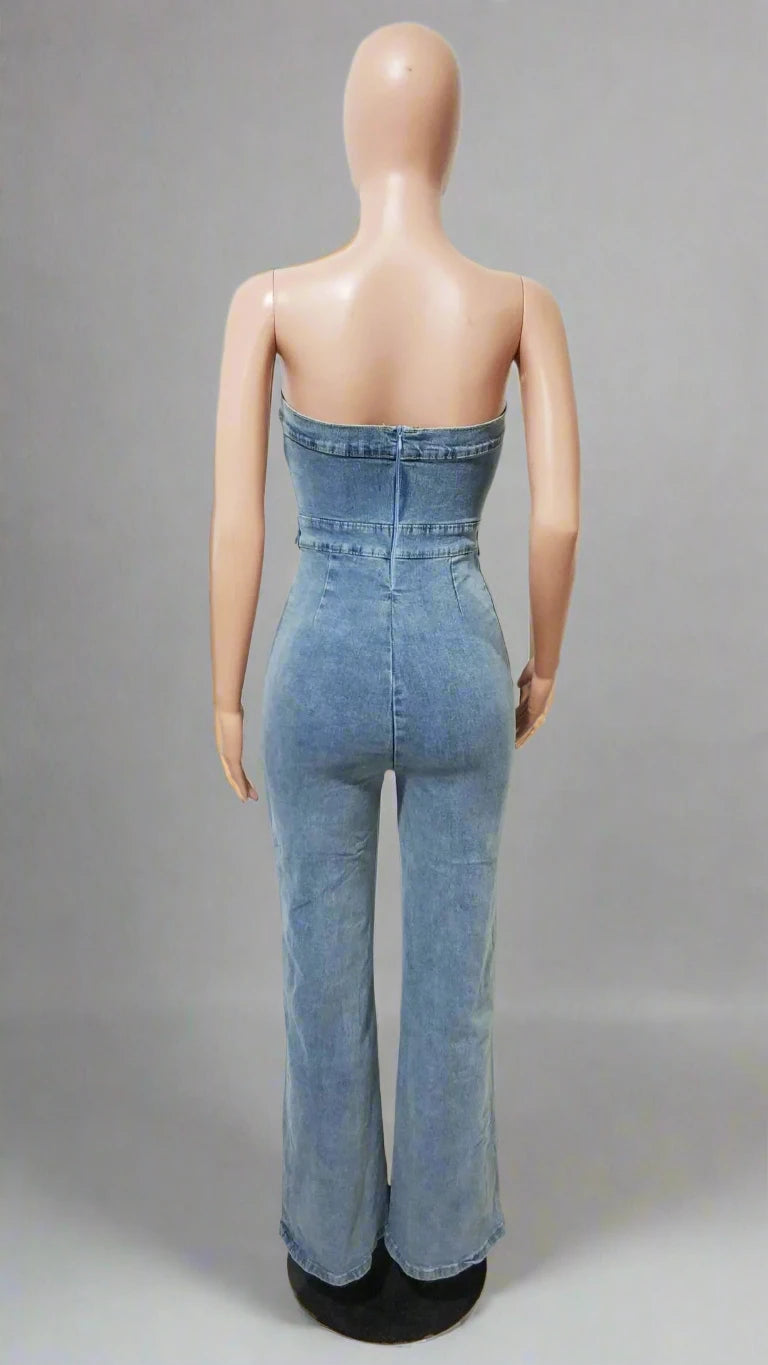 Women’s Sleeveless Button Straight Denim Strapless Jumpsuit
