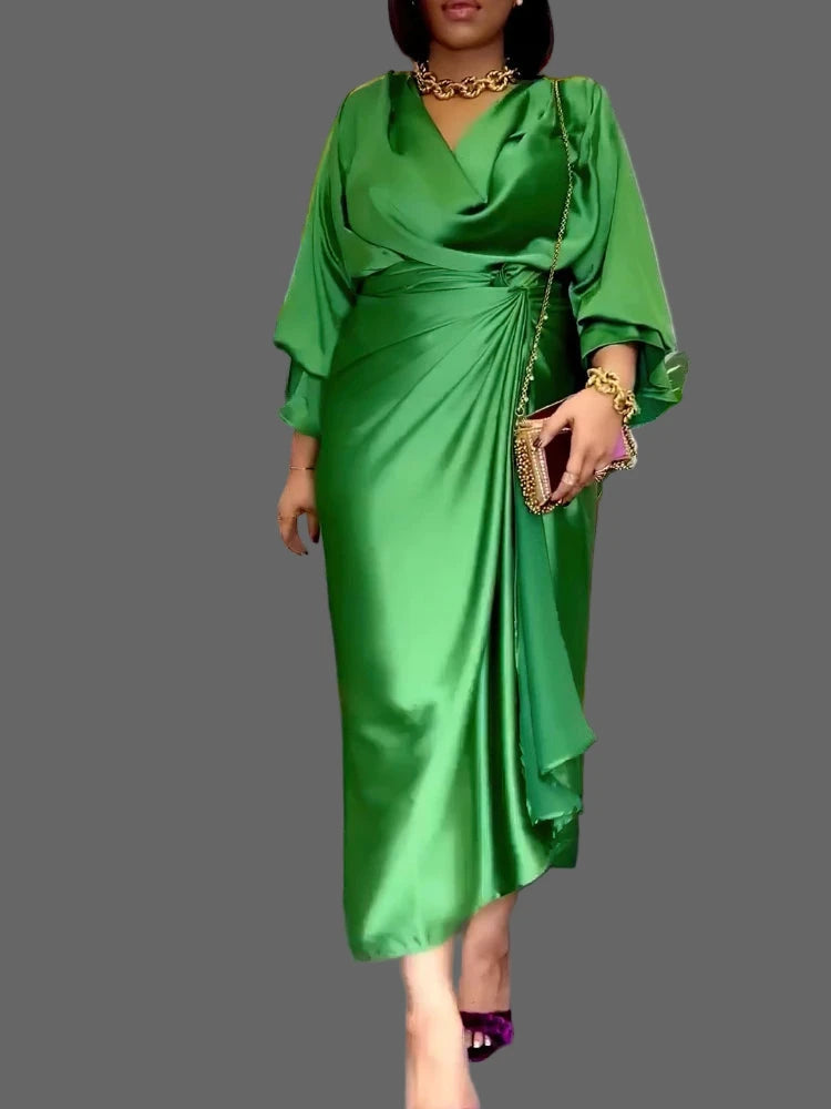 Women's Satin Flare Long Sleeve Pile Collar and Draped Waist Dress