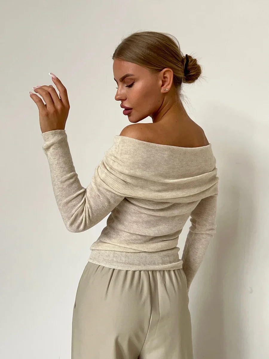 Women’s Knitted Long Sleeve Off Shoulder Basic Sweater