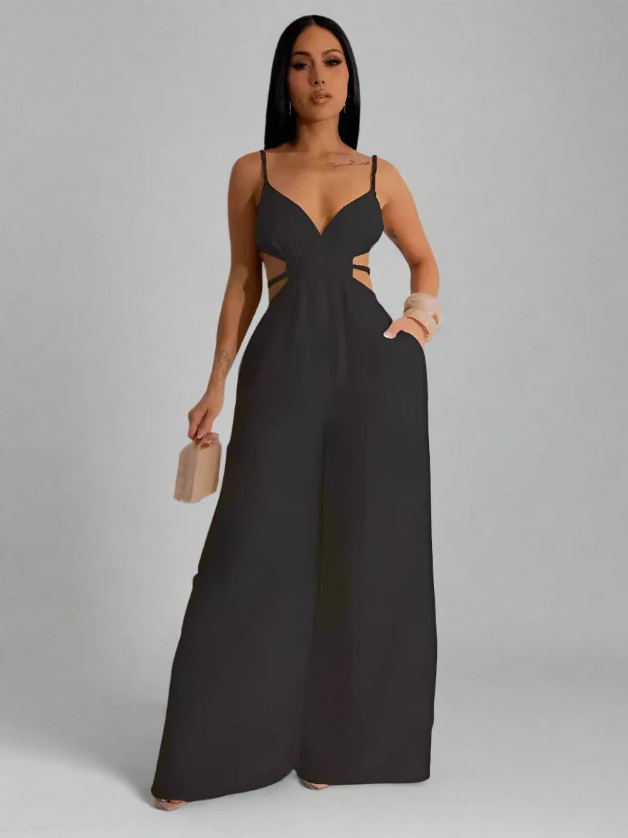Women’s Sleeveless Strap V-neck Backless Wide Leg Long Jumpsuit