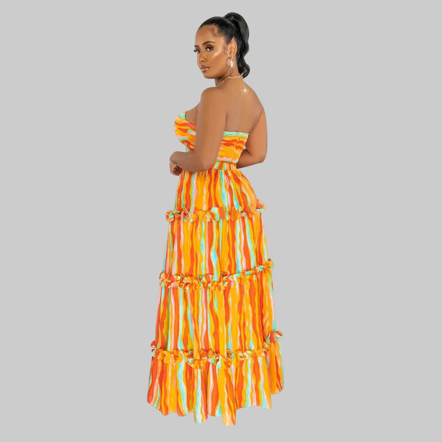 Women’s Colorful Striped Tiered Maxi Skirt and Cutout Strapless Crop Top Set