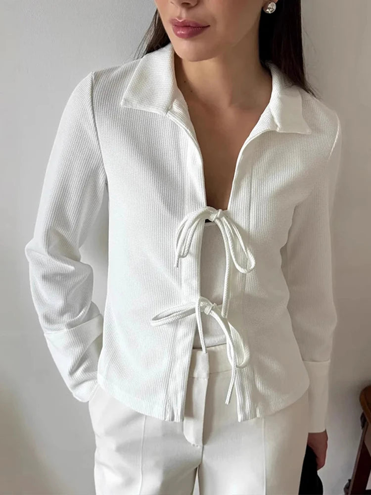 Casual Lace Up Turn-Down Collar Long Sleeve