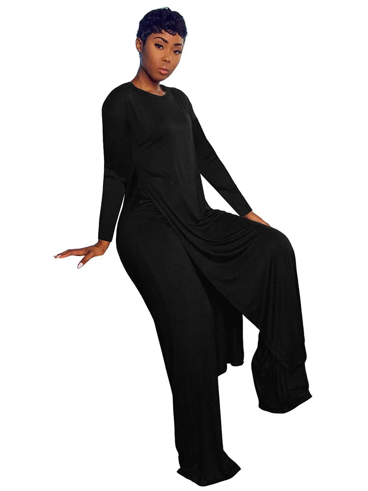 Women's Long Sleeve High Slit X-long Tee Top & Straight Pant Suit