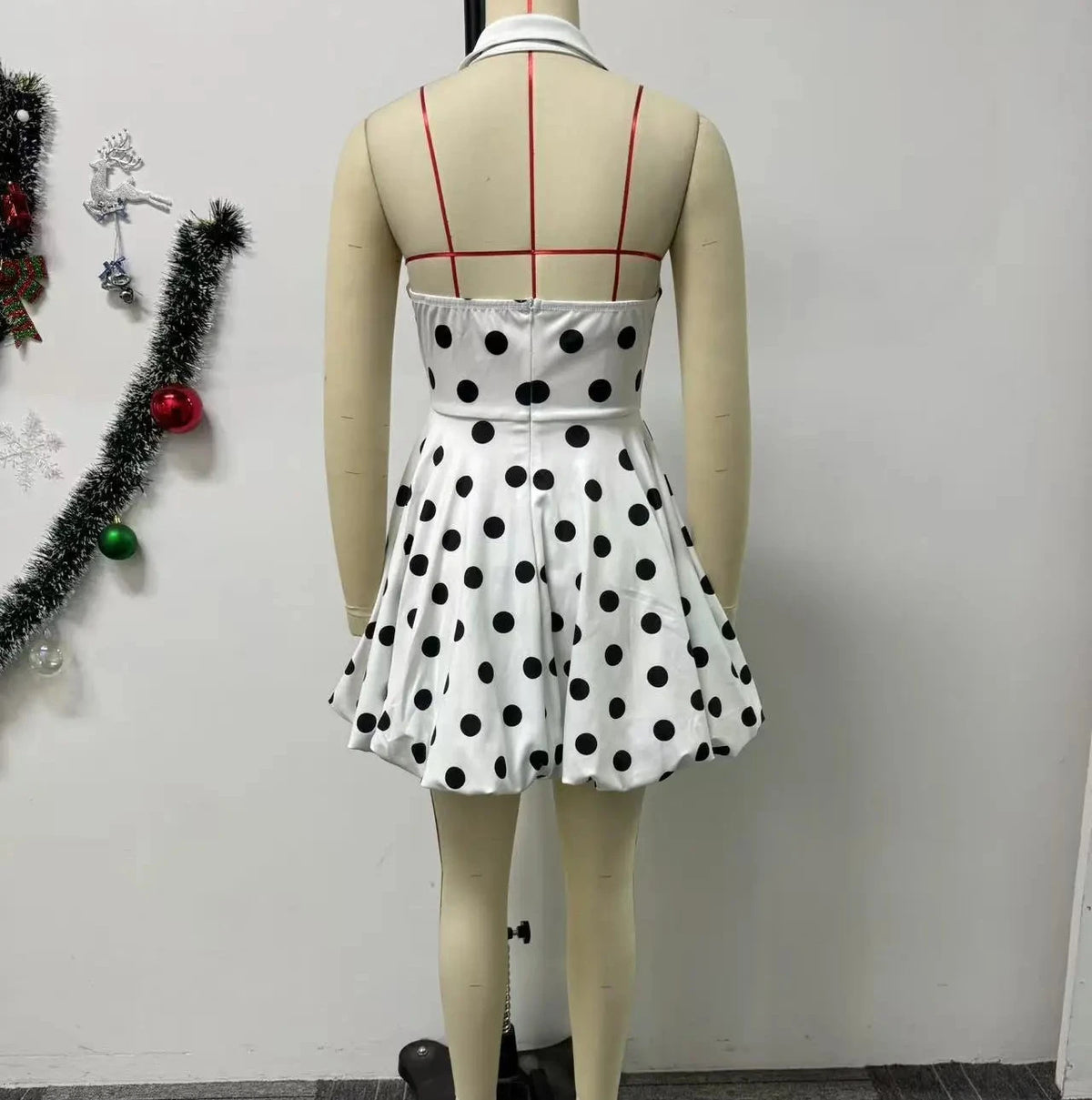 Women’s Polka Dot-Printed Bowknot Deep V-neck Sleeveless Dress