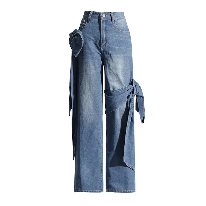 Strappy Women’s Jeans Low Rise Straight Wide Leg Baggy Jeans