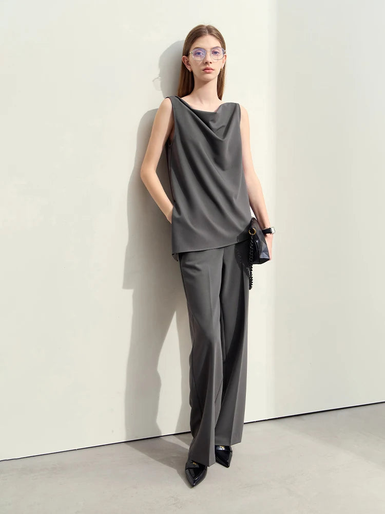 Swing Collar Women’s Vest + Straight Solid Casual Pants *Sold Seperately*