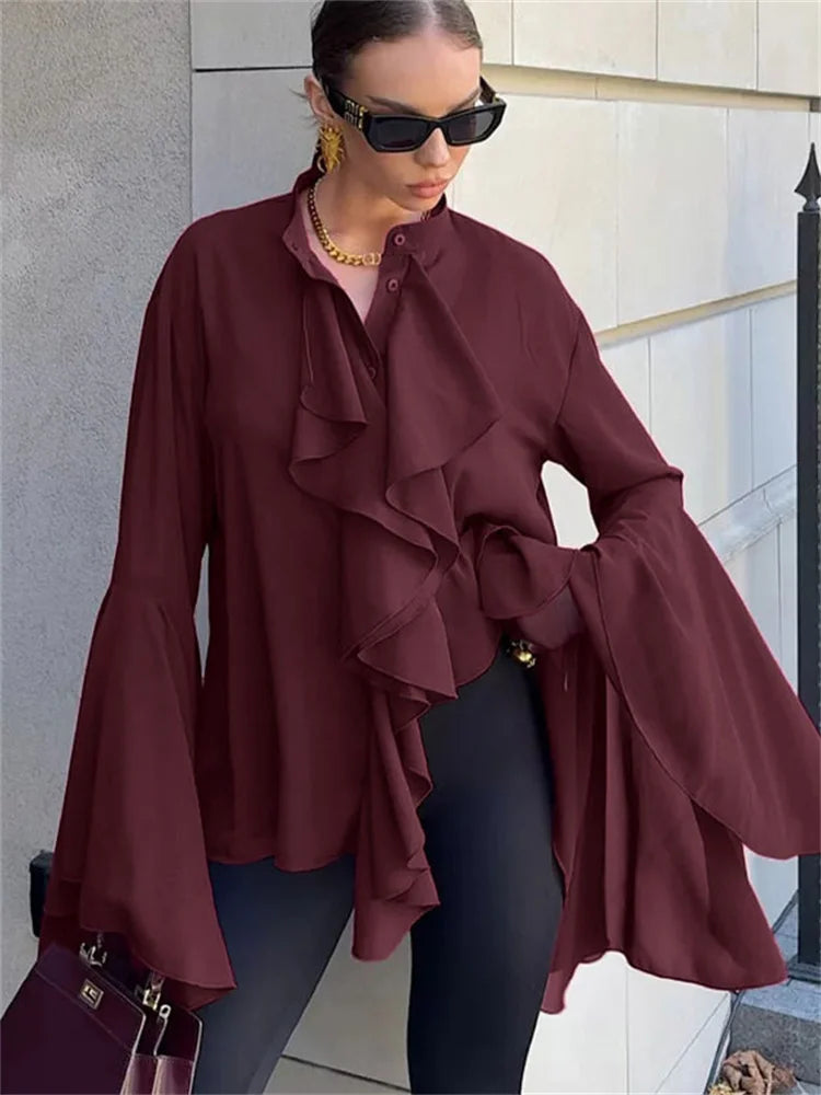 V Neck Chiffon Ruffled Long Sleeve Blouse