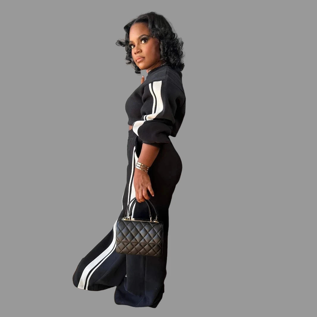 Active Striped Splicing Women's Long Sleeve Sweatshirt and Sweat Pants Tracksuit