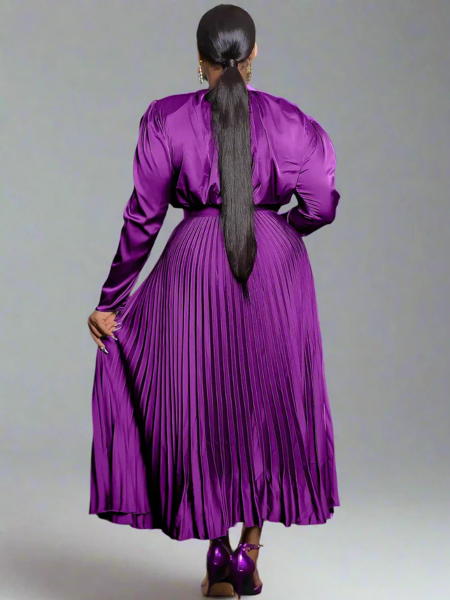 Women's Long Sleeve V-neck Blouse and Pleated Maxi Skirt