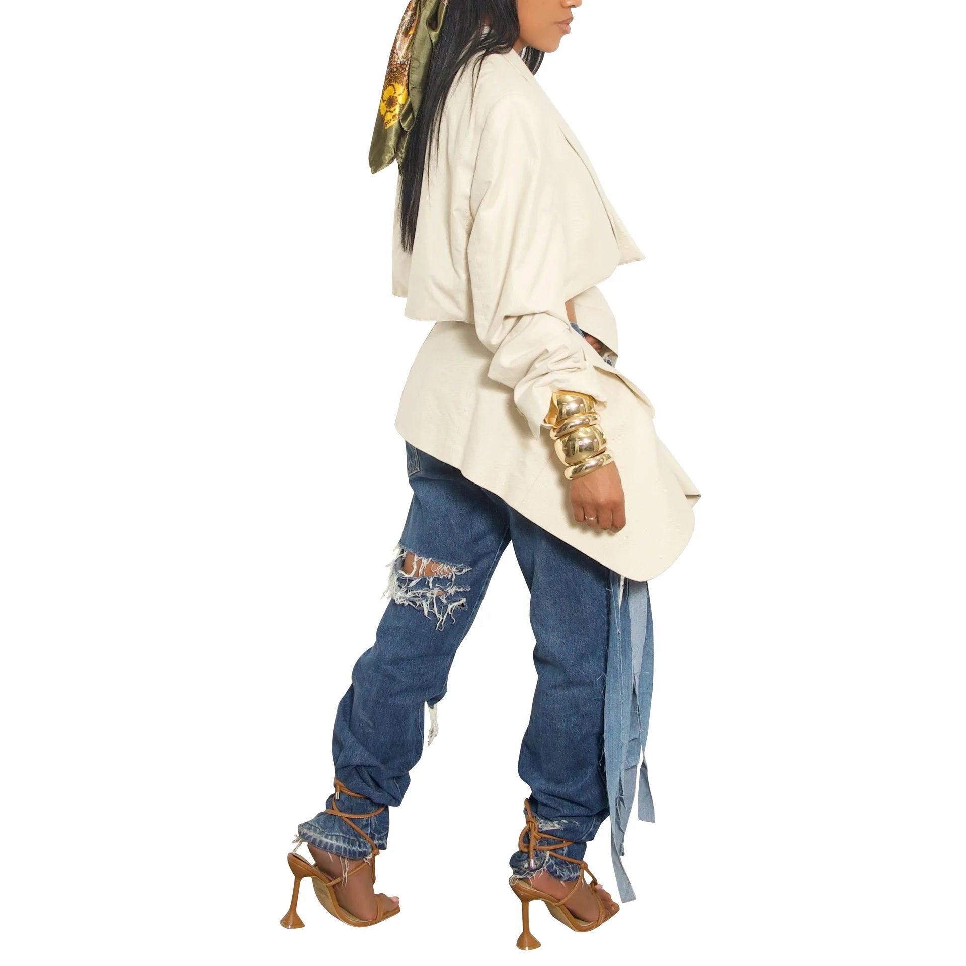 Full Sleeve Blazer & Denim Tie Up Pants Set