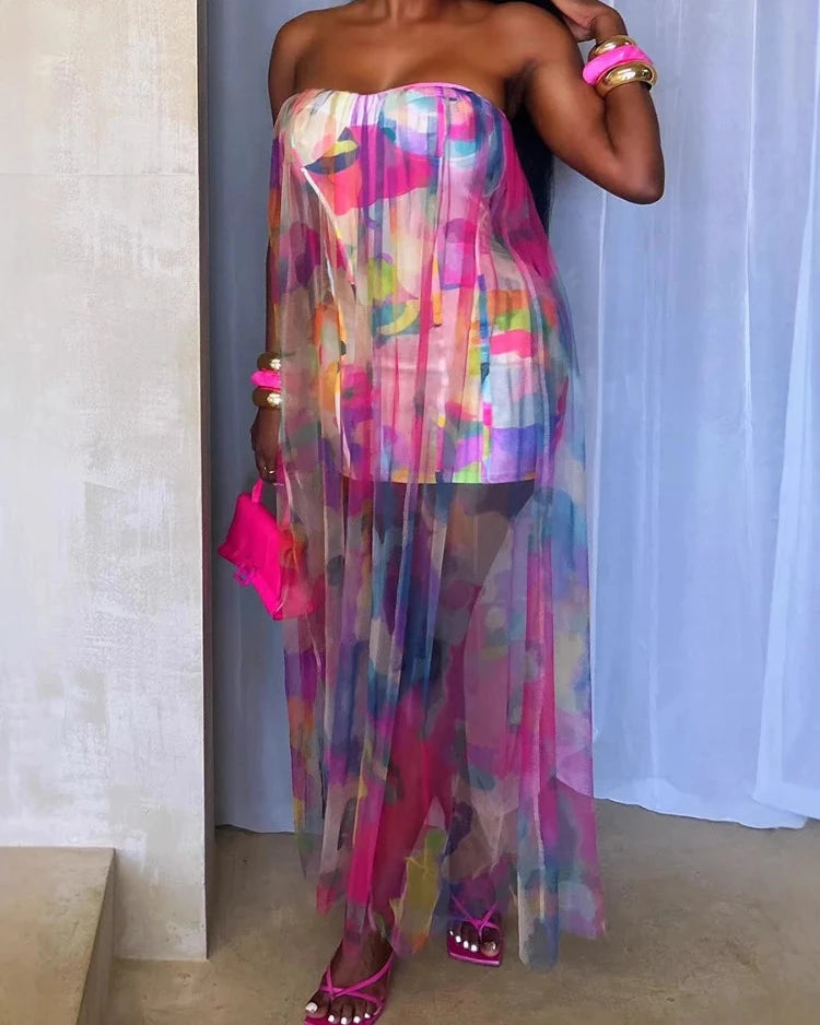 Women’s Sleeveless Tie Dye Print Strapless Mesh Bodycon Midi Long Maxi Dress