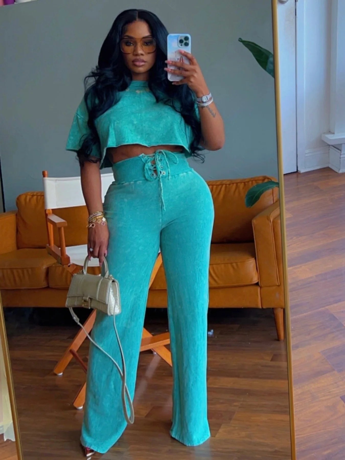 Women's Tie Dye Print O-neck Short  Sleeve Crop Top & Pants Set