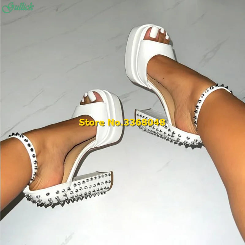 Platform Studded Block Heels Open Toe Ankle Buckle Strap Sandals