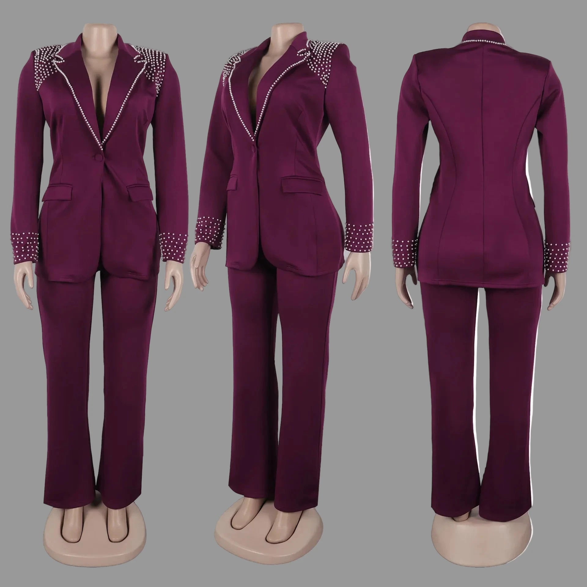 Women's Pearl Splicing Long Sleeve Blazer and Wide Leg Pants Suit