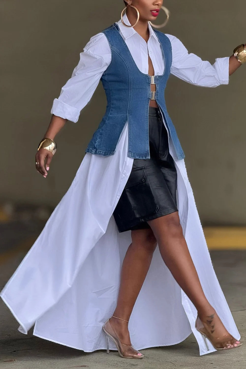 Plus Size Business Casual Blue Casual Split Denim Vest