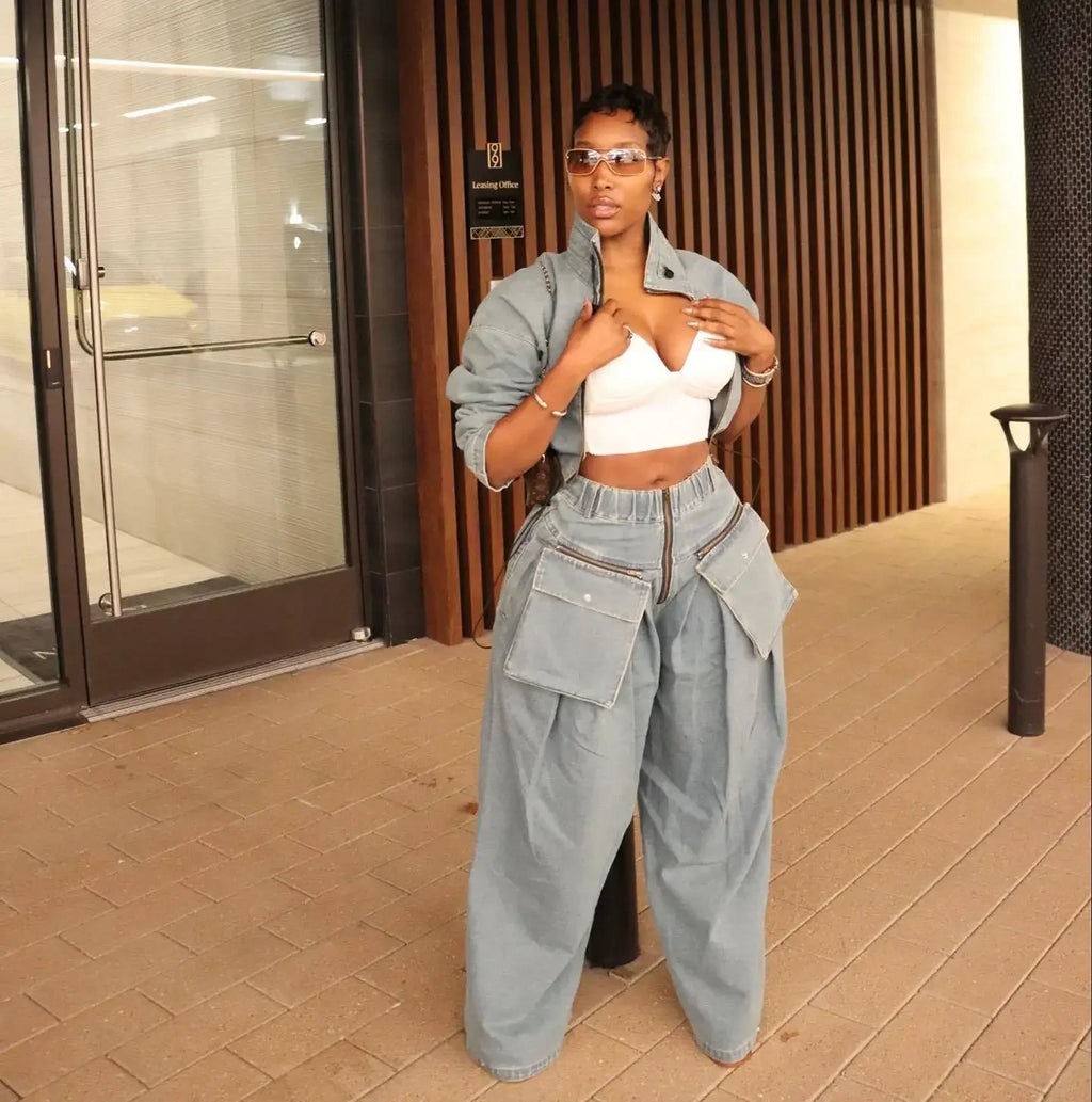 Women's Ruched Long Sleeve Jacket and Pocket Front Wide Leg High Waist Jeans Pants Set
