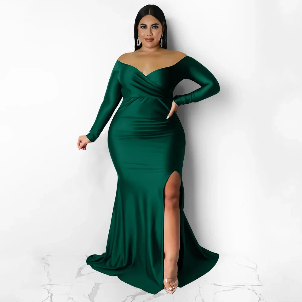 Women’s Off Shoulder V-neck High Side Slit Mermaid Long Sleeve Maxi Dress