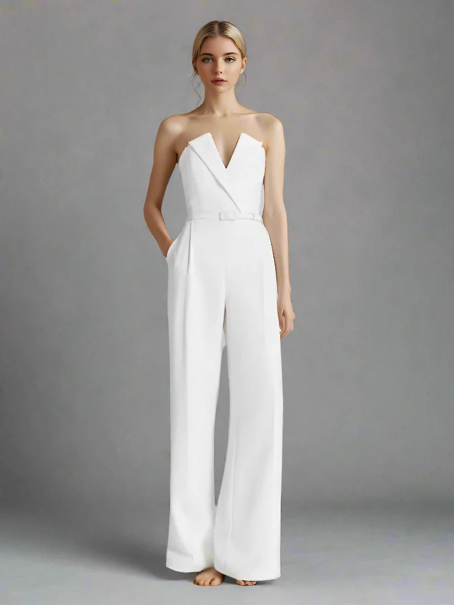 Women’s Wide Leg Strapless V-neck Sleeveless Jumpsuit