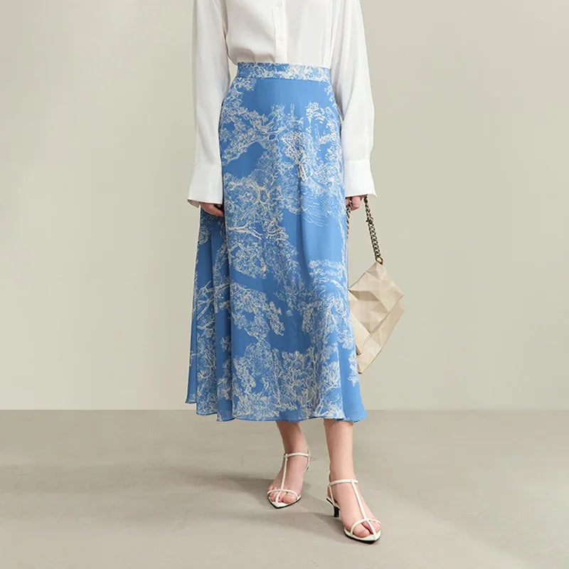 Women’s Minimalism Print Three-quarter Tied Shirts + Half-body Skirts