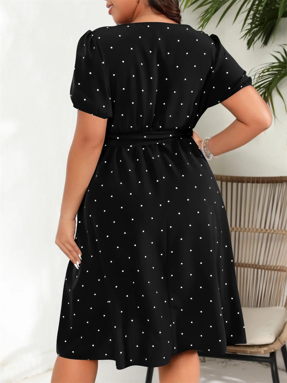 Plus Size Square Neck Polka Dot Belted Retro Puff Sleeve High Waist Dress